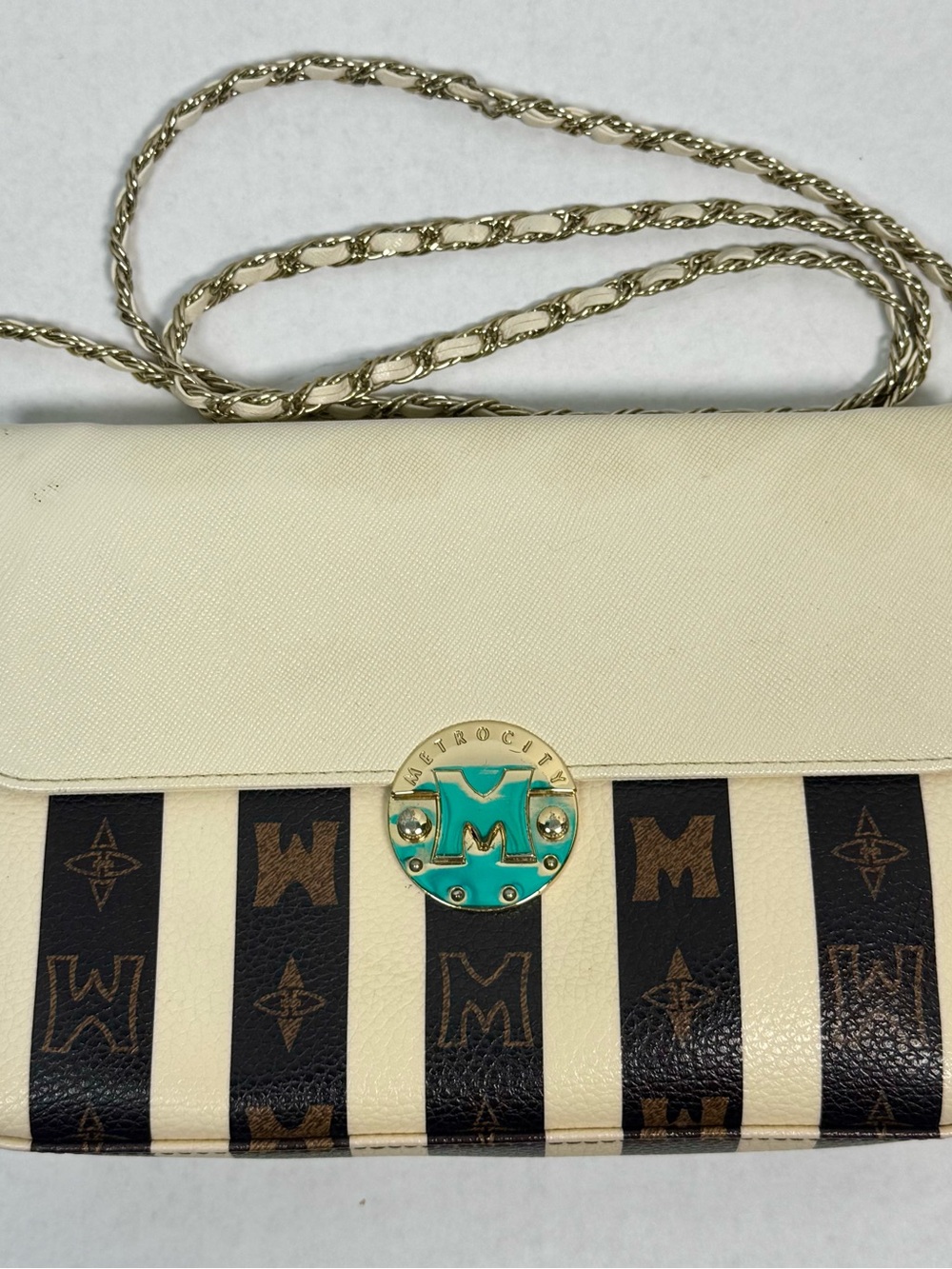 Metrocity Stripe Chain Crossbody Bag Cream Brown Monogram Shoulder Purse